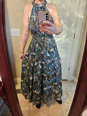 Anthropologie Somerset Halter Maxi Dress Metallic Abstract Print Smocked Waist S